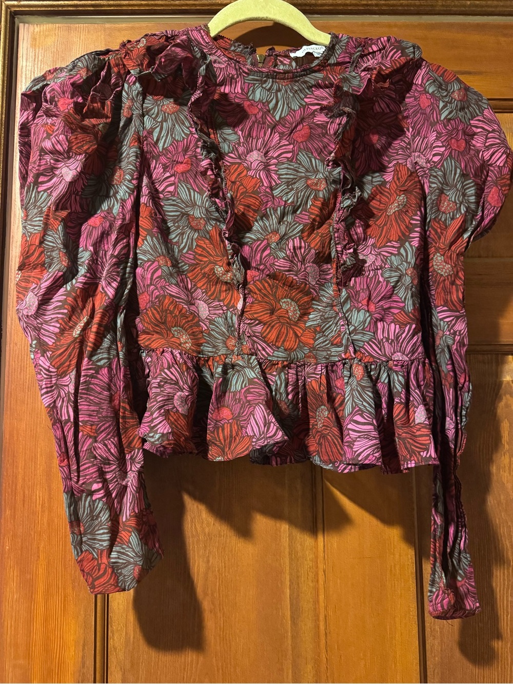 Olivaceous Floral Ruffle Peplum Top — Pink, Red & Brown